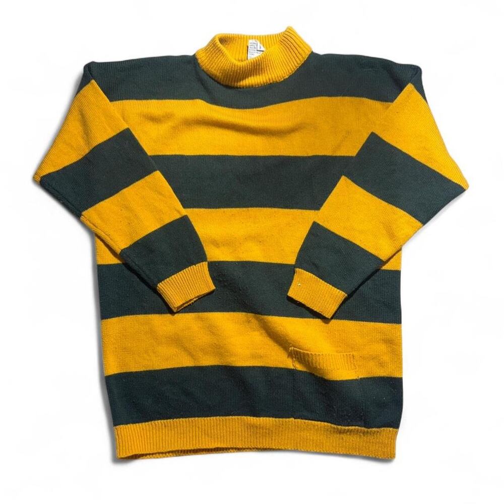 Vintage 90s Retro Sport Green & Yellow Striped Turtleneck Rugby Sweater Size L